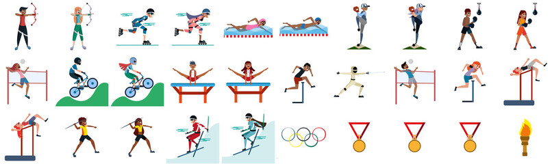 Set of different athlete characters practicing different sports