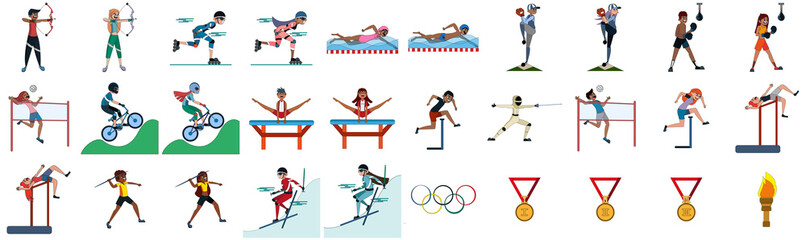 Set of different athlete characters practicing different sports