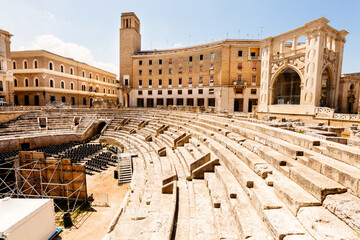 Roman amphitheater of Lecce, Italy. Roman monument located in the central Piazza Santo Oronzo. It dates back to the Augustan age. Perspective view with the steps.