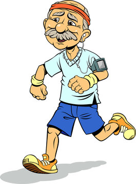Color vector illustration of running old man. 

An old smiling man with white hair on the sides of his balding head, white mustache, wears an blue t-shirt, 
yellow and orange sneakers, runs in motion 