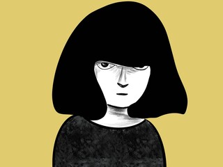Digital illustration of a relaxed woman's face, for stories, pop art style
