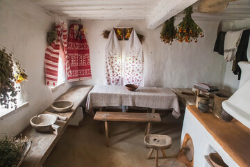 Ancient traditional Ukrainian house. Interior and household items