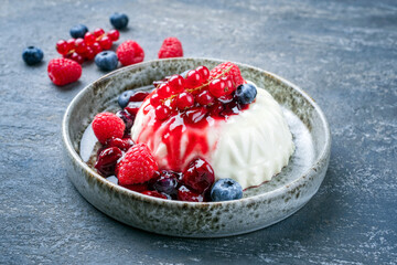 Modern style traditional blancmange almond pudding with wild berry coulis served as close-up in a Nordic design plate on gray background