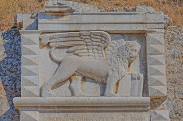 Lion of Saint Mark New fortress wall detail in Corfu Greece