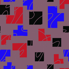 seamless abstract pattern of rectangular shapes in red, black and blue on a light brown background for prints on fabrics, bed linen and towels, as well as for interior decoration