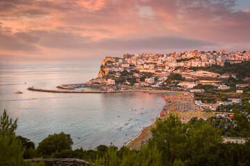 Panoramic view of Peschici at sunset, Gargano, Italy