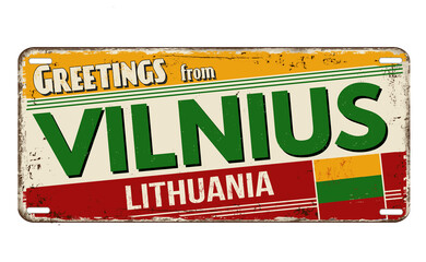Greetings from Vilnius vintage rusty metal plate