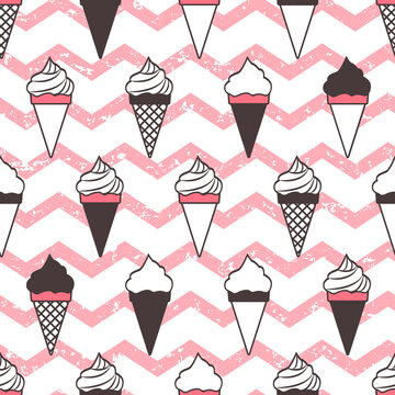Ice cream cones vector seamless pattern, pink wave grunge background. Retro food repetitive illustration