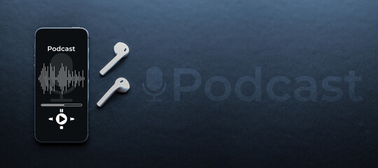 Podcast music. Mobile smartphone screen with podcast application, sound headphones. Audio voice with radio microphone on black background. Broadcast media music banner with copy space.