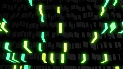 3d abstract geometric creative dark background with black columns rise and fall flashing green neon light randomly. Cartoon style. 3d render