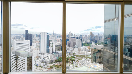 Office building window interior deign with modern city skyline background, Beautiful real estate...