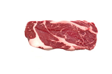 Striploin Beef Steak Isolated On White Background, Overhead View. Uncooked Prime Beef Raw Steak. Single Raw Sirloin Steak from Marbled Beef on White Background. Black Angus Chuck Beefsteak Meat.