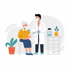 A doctor in a clinic giving a coronavirus vaccine to an elderly woman, concept illustration for immunity health. Immunization of adults, covid vaccine. Flat illustration isolated on white background