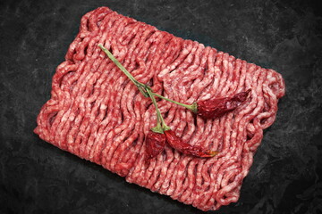 Raw Minced Meat On Black Vintage Background. Top View Of Fresh Ground Beef Isolated On Black Background. Uncooked Minced Mixed Beef And Pork Meat.