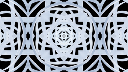 3d render. Kaleidoscope effect with symmetrical structure with round thing like rings or circles twisting in concentric structure. Abstract pattern. Pearl material. 3D stylish abstract white bg.