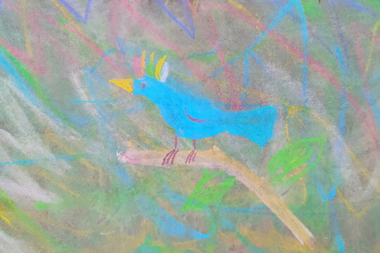 Drawing of a bright tropical blue bird, drawn by hand with crayons in a naive childish style © Наталья Барсова