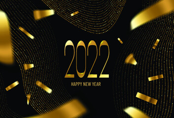 Golden luxury 2022 Happy New Year elegant design on black background Elegant modern minimalistic typography with numbers. Concept design. Business Christmas background with stars, confetti.