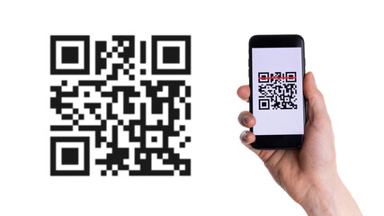 Qr code scanning. Hand holding mobile smartphone screen for payment, online pay, scan barcode with...