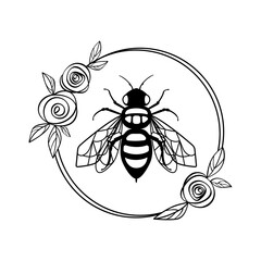 Honey bee in a flower frame. Round floral frame made of rose flowers and leaves. Suitable for cutting SVG files on a plotter. Bumblebee for t-shirt design