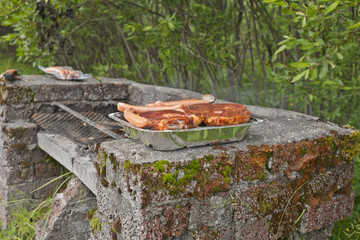 Marinated Icelandic lamb and sausages ready to be grilled on the 
disposable grill pan outdoors