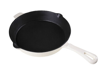 Empty massive heavy cast iron frying pan preparation for use. Accessories used in the home kitchen.