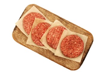 Raw Minced Steak Burgers from Beef and Pork Meat Isolated on White Background, Overhead View. Uncooked Round Patties for Grilling from Ground Beef And Pork. Homemade Burgers For BBQ Grill, Top View.