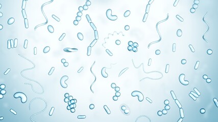 Different types of bacteria on a light background. Shapes. Blue color. 3d illustration.