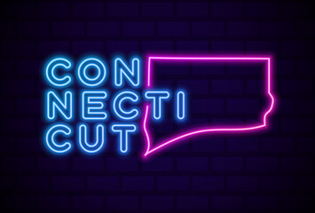 connecticut US state glowing neon lamp sign Realistic vector illustration Blue brick wall glow