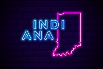 indiana US state glowing neon lamp sign Realistic vector illustration Blue brick wall glow