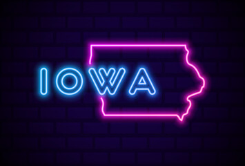 iowa US state glowing neon lamp sign Realistic vector illustration Blue brick wall glow