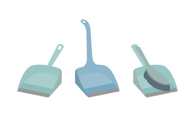 Scoops for cleaning. Dustpan with brush for cleaning dust and dirt. Plastic shovel with handle for sweeping. Sweep the floor, cleaning equipment. Stock vector illustration isolated on white background
