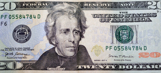 obverse side of 20 dollars portrait, twenty American dollars banknote background, selective focus,...