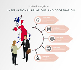 United kingdom International cooperation.
Search idea, new  profit, employee partner, staff strategy. company investor corporate colleague standing. Flat vector.