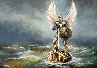 Digital oil paintings sea landscape, angel with a shield and  medieval sword in golden boat. Fine art.