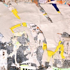 Fototapeta premium Crumpled Creased Paper and Torn Posters Frame Texture or Background. Urban Old Wall with Scratched Advertising. Old Urban Street Billboard With Torn Posters And Stickers, Background Or Texture.