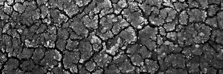 Dried Cracked Wide Texture Background. Dry Earth .Soil Ground Grunge Abstract Texture. Close up Of Crack Soil Top View Web Banner. Cracked Earth Soil Black Arid Background