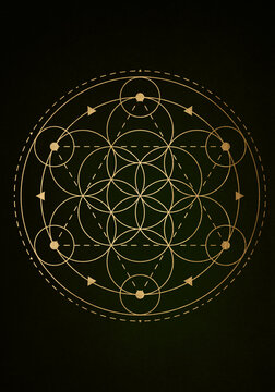 Sacred Geometry gold symbol, Seed of life sign. Geometric mystic luxury mandala of alchemy esoteric Flower of Life.