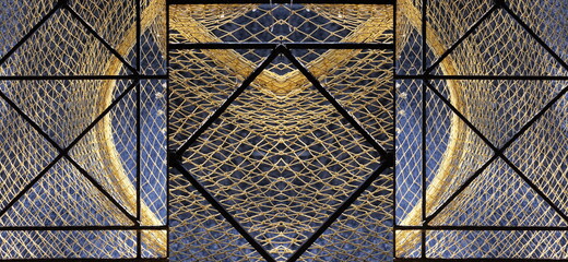 Fish Net Vintage Background. Fishing Net Abstract Texture With Knotted Pattern. Old Fishnet Wallpaper. Design Element With Retro Fish Net. Fishnet And Iron Framing Abstract Grunge Design Detail.