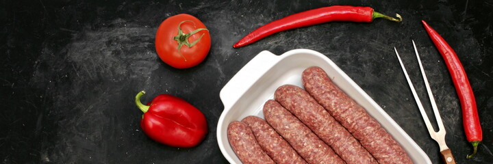 Sausages For BBQ Grilling or Frying in White Ceramic Dish And Red Peppers on Grungy Black Background, Top View. Raw Beef or Lamb Barbecue Sausages in Natural Casing in White Tray, Overhead View.