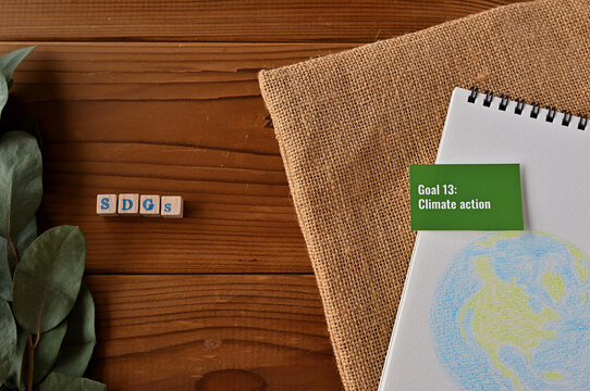 There Is Card With The Statement Goal 13:Climate Action On It Which Is One Of The Goals Of The SDGs. It Is Beside With A Illustration Of The Earth And Stamped Wood Cube.