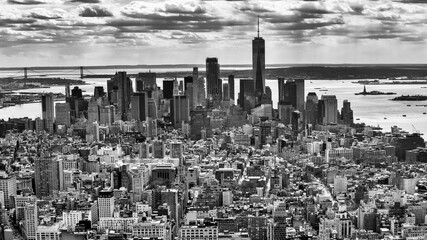 Aerial view of New York City skyline, USA. Black and white