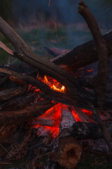 Sparks fly from the fire. Bonfire and sparks.