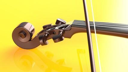 Brown classic violin on yellow plate under spot lighting background. 3D sketch design and illustration. 3D high quality rendering. © DRN Studio