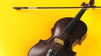 Fototapeta na wymiar Brown classic violin on yellow plate under spot lighting background. 3D sketch design and illustration. 3D high quality rendering.