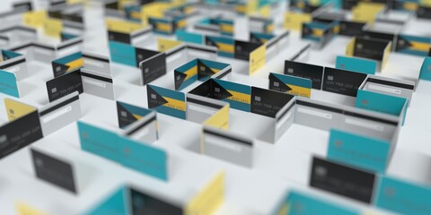 Flag of the Bahamas on the mockup credit card maze. Financial difficulties related 3D rendering