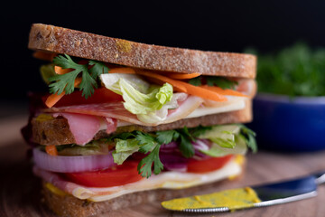 Prosicutto, chesse and saldad sandwich