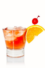 iced cocktail garnished with cherry and orange slice