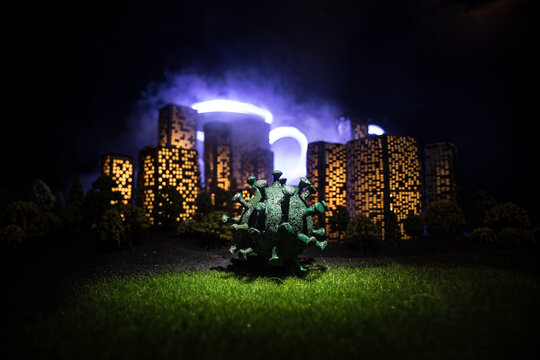 Cartoon style city buildings. Realistic city building miniatures with lights. background. - Powered by Adobe