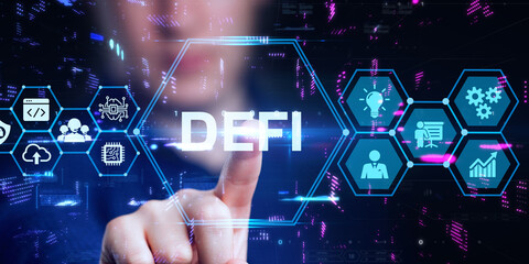 DeFi -Decentralized Finance on dark blue abstract polygonal background. Concept of blockchain, decentralized financial system