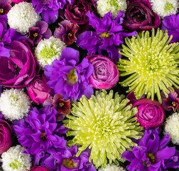 Flower Arrangement of Yellow Chrysanthemums and Purple Ranunculus